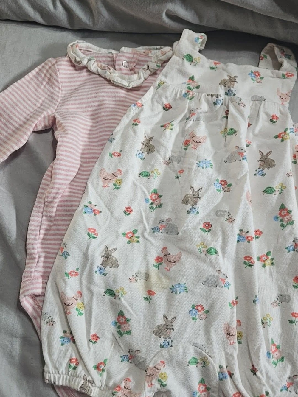 Mini Boden Pink Stripe Long-Sleeve Bodysuit & Cream Floral Animal Romper Set